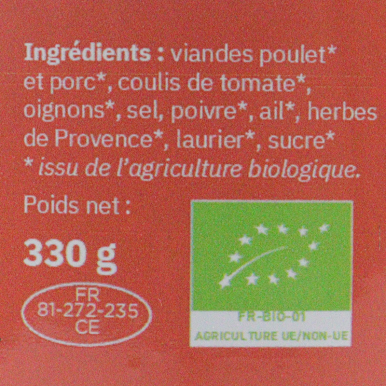 Bolognaise Poulet / Porc Noir (certifé AB)